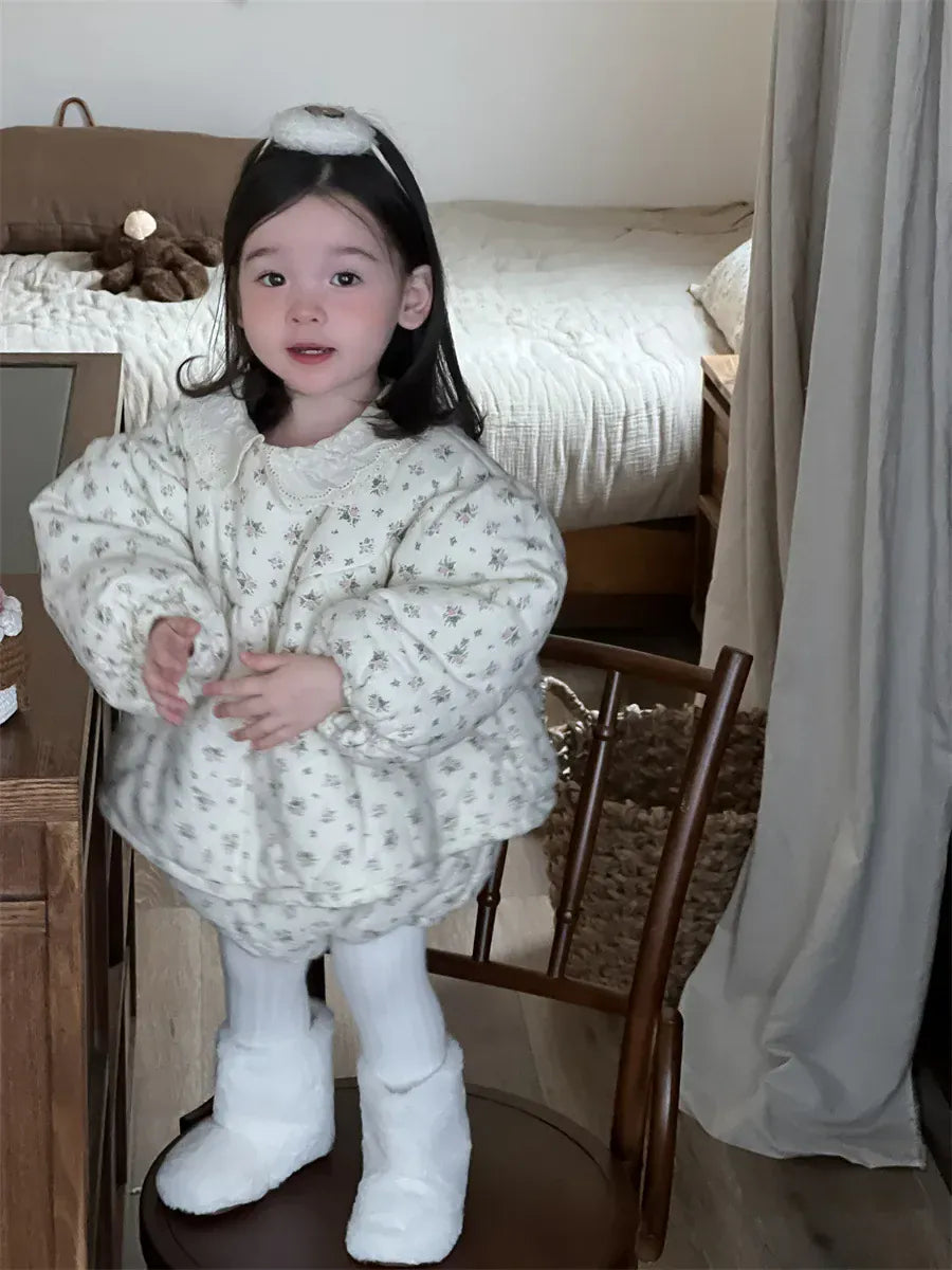 長袖セットアップ ベビーキッズセットアップ 2点セット フラワープリントキルティング防寒長袖チュニックトップス+ブルマパンツ【mh0008427】