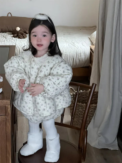 長袖セットアップ ベビーキッズセットアップ 2点セット フラワープリントキルティング防寒長袖チュニックトップス+ブルマパンツ【mh0008427】