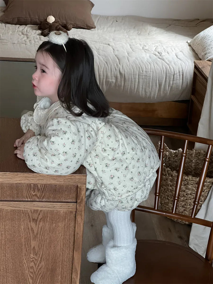 長袖セットアップ ベビーキッズセットアップ 2点セット フラワープリントキルティング防寒長袖チュニックトップス+ブルマパンツ【mh0008427】