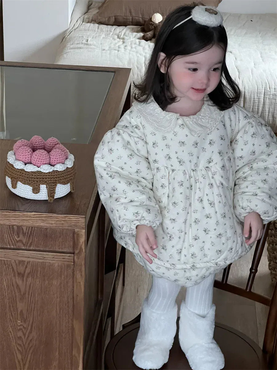 長袖セットアップ ベビーキッズセットアップ 2点セット フラワープリントキルティング防寒長袖チュニックトップス+ブルマパンツ【mh0008427】