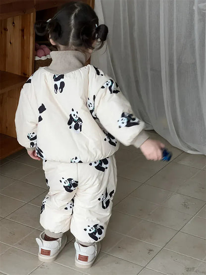 長袖セットアップ ベビーキッズセットアップ 2点セット パンダプリントパデッドハイネック長袖プルオーバー+ロングパンツ【mh0008434】