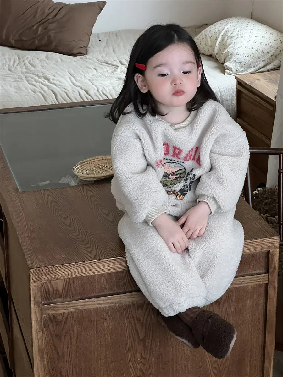 長袖セットアップ ベビーキッズセットアップ 2点セット ロゴプリントボアフリース長袖スウェットシャツ+ロングパンツ【mh0008435】