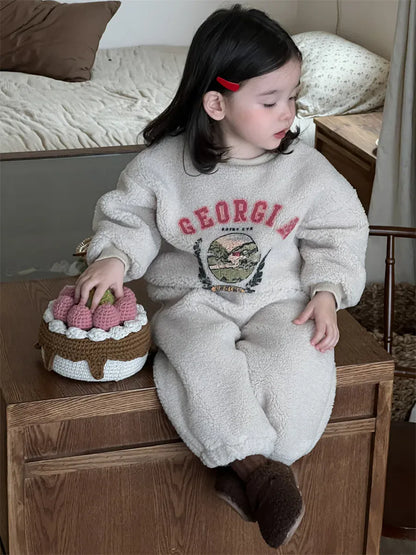 長袖セットアップ ベビーキッズセットアップ 2点セット ロゴプリントボアフリース長袖スウェットシャツ+ロングパンツ【mh0008435】