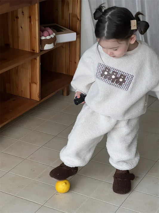 長袖セットアップ キッズセットアップ 2点セット ベアくまボアフリーススウェットシャツ+ロングパンツ【mh0008710】