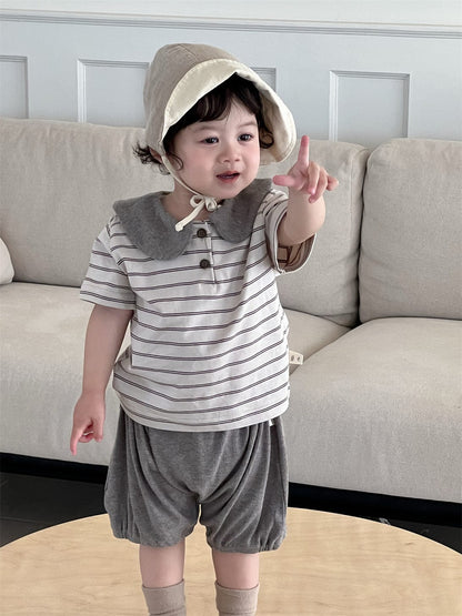 半袖セットアップ ボーダー丸襟ポロシャツ+ハーフパンツセットアップ 2点セット【mh0009898】