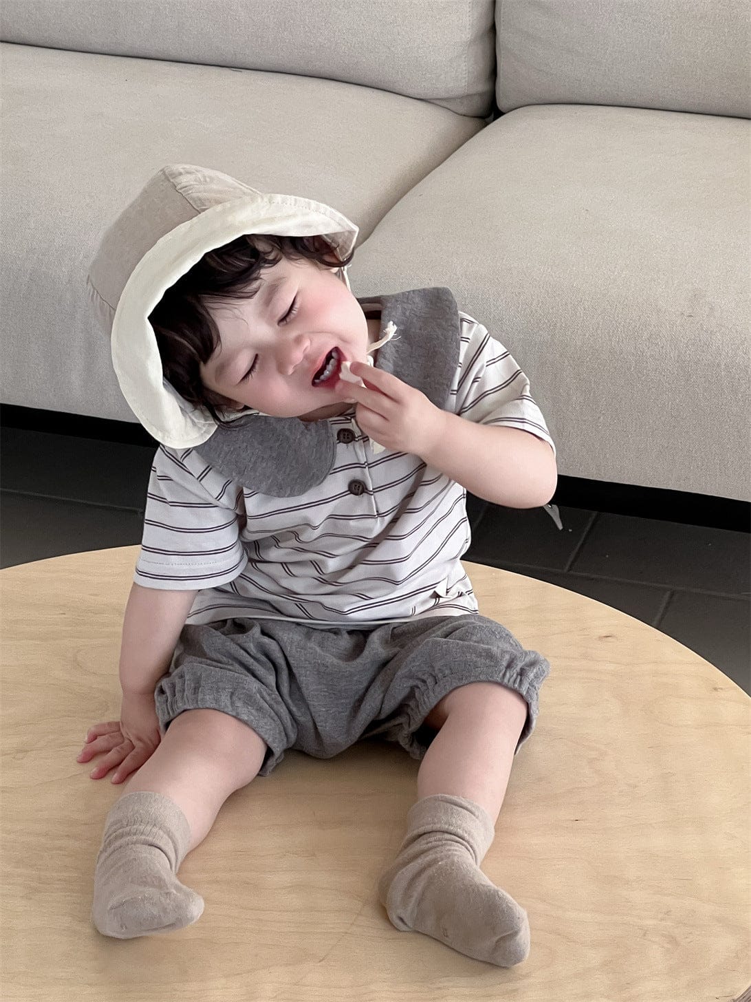 半袖セットアップ ボーダー丸襟ポロシャツ+ハーフパンツセットアップ 2点セット【mh0009898】