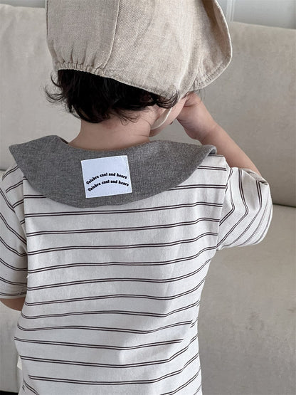 半袖セットアップ ボーダー丸襟ポロシャツ+ハーフパンツセットアップ 2点セット【mh0009898】