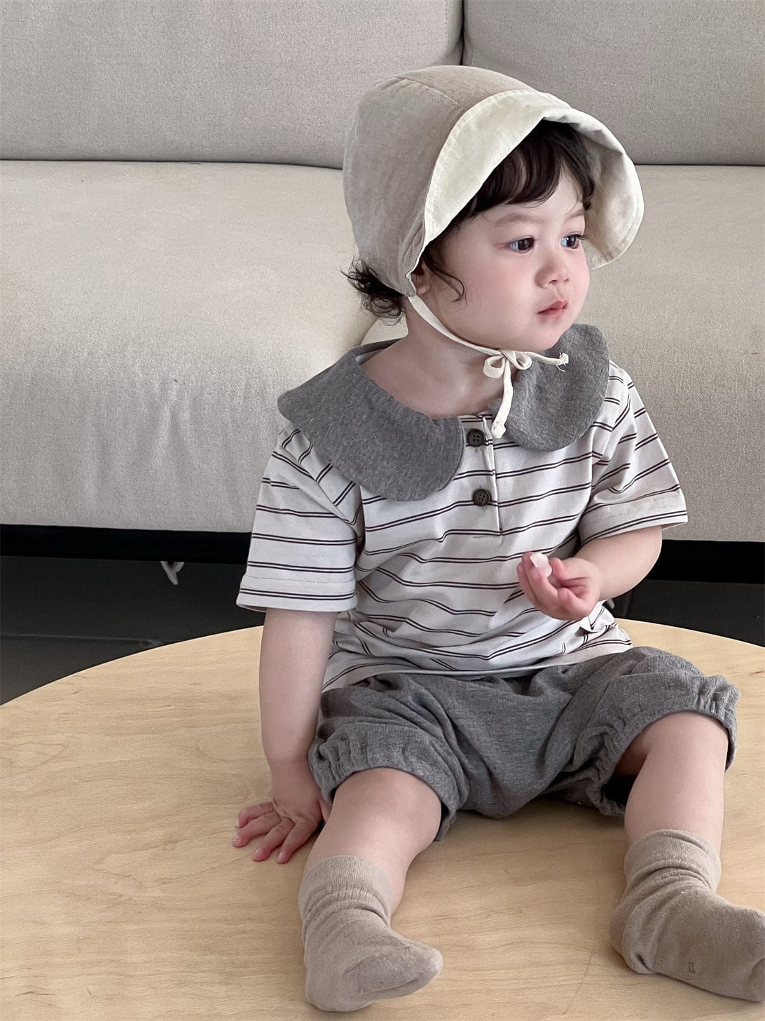 半袖セットアップ ボーダー丸襟ポロシャツ+ハーフパンツセットアップ 2点セット【mh0009898】