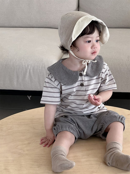 半袖セットアップ ボーダー丸襟ポロシャツ+ハーフパンツセットアップ 2点セット【mh0009898】