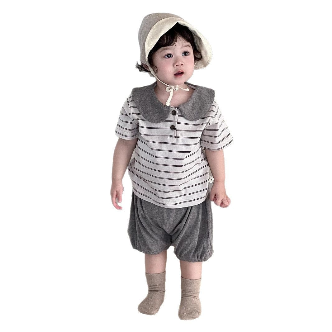 半袖セットアップ ボーダー丸襟ポロシャツ+ハーフパンツセットアップ 2点セット【mh0009898】