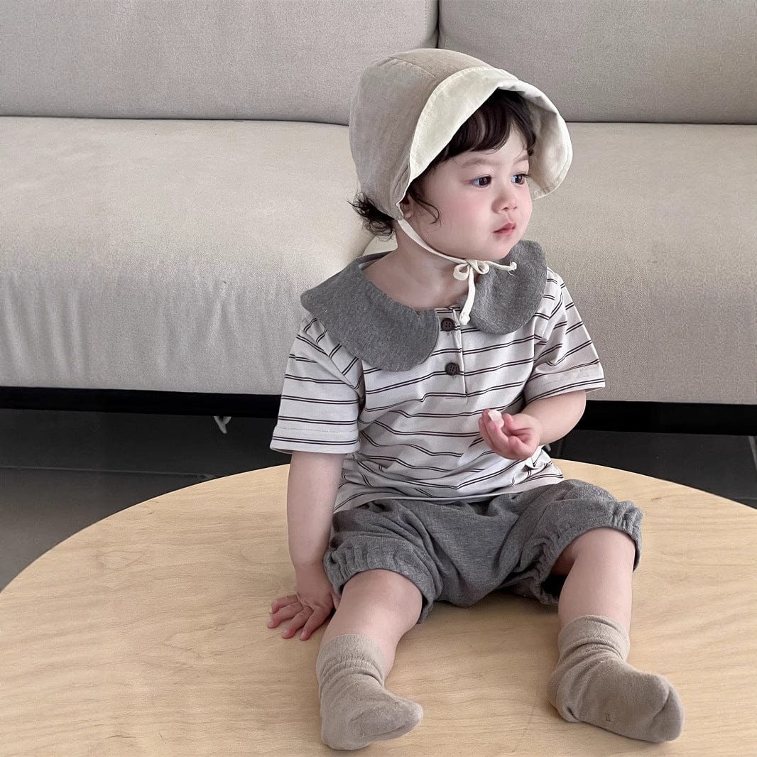 半袖セットアップ ボーダー丸襟ポロシャツ+ハーフパンツセットアップ 2点セット【mh0009898】