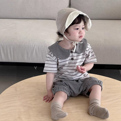 半袖セットアップ ボーダー丸襟ポロシャツ+ハーフパンツセットアップ 2点セット【mh0009898】