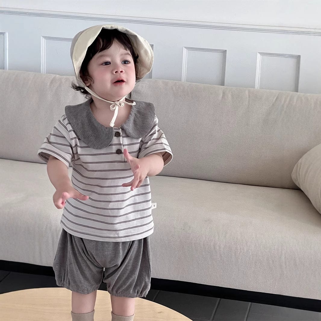 半袖セットアップ ボーダー丸襟ポロシャツ+ハーフパンツセットアップ 2点セット【mh0009898】