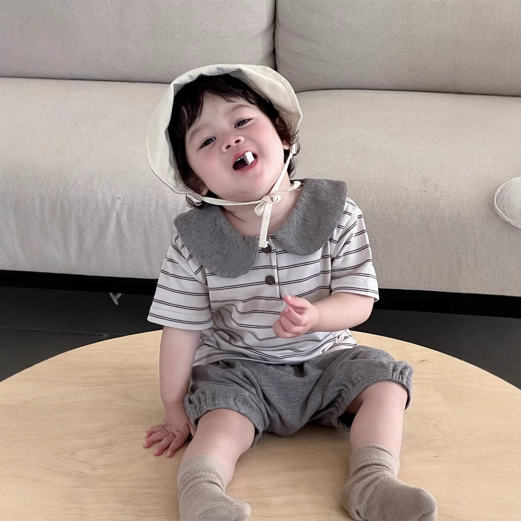 半袖セットアップ ボーダー丸襟ポロシャツ+ハーフパンツセットアップ 2点セット【mh0009898】