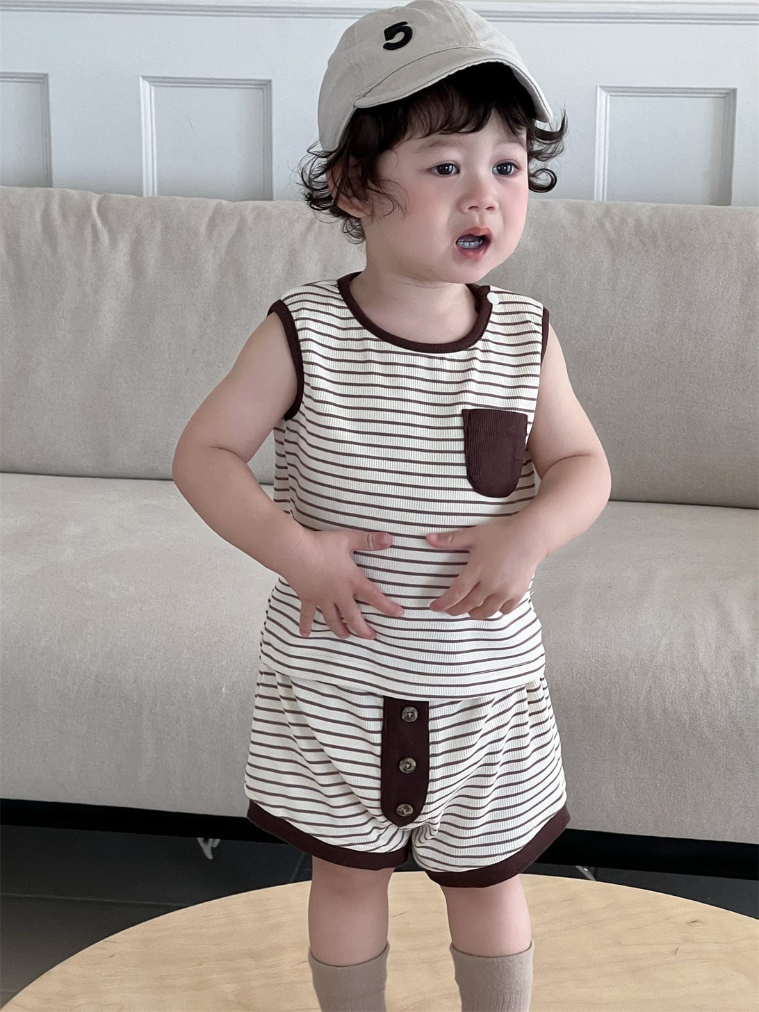 ノースリーブセットアップ ボーダータンクトップ+ショートパンツセットアップ 2点セット【mh0009929】