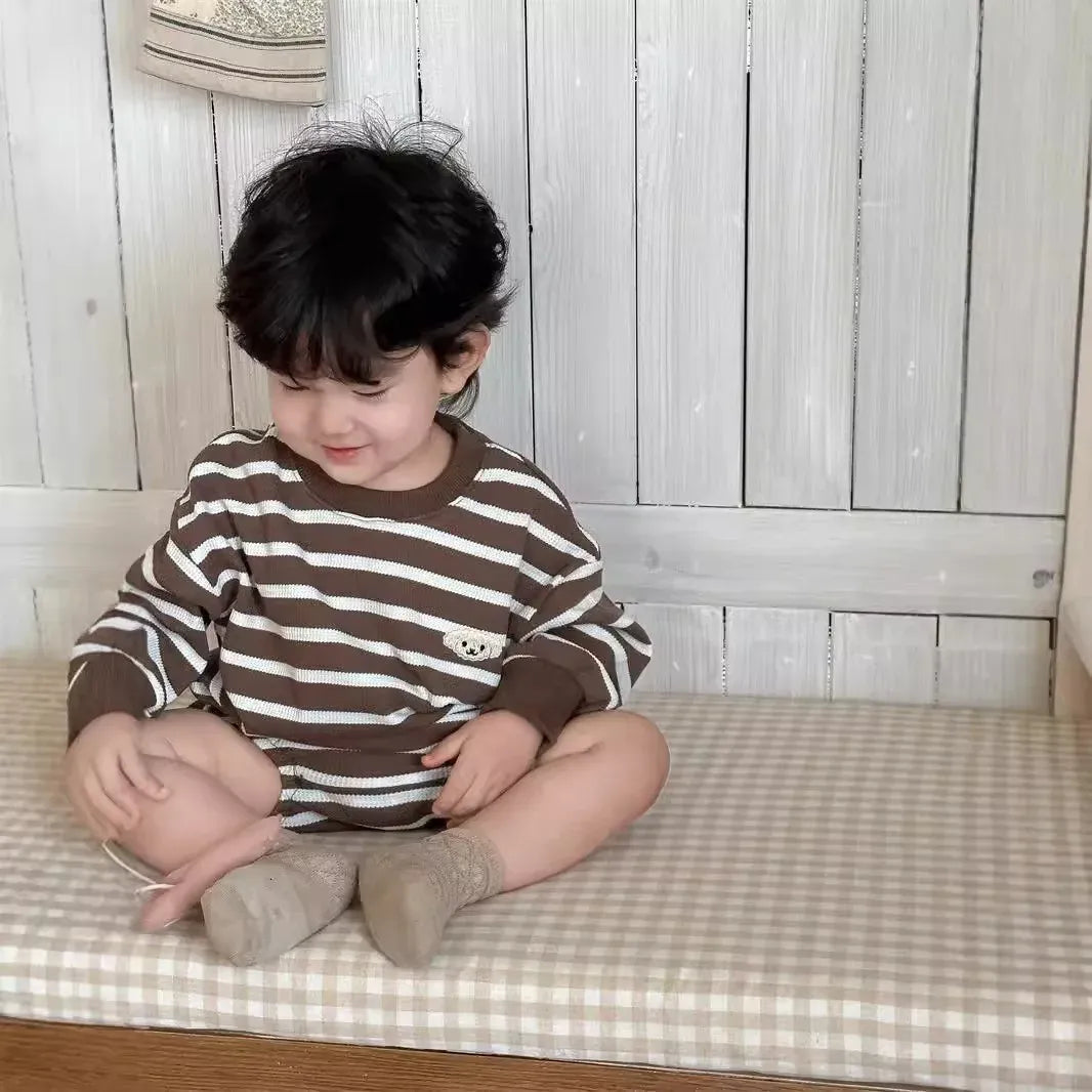 長袖セットアップ ベビーセットアップ 2点セット ボーダー長袖Tシャツ+ショートパンツ【mh0008308】