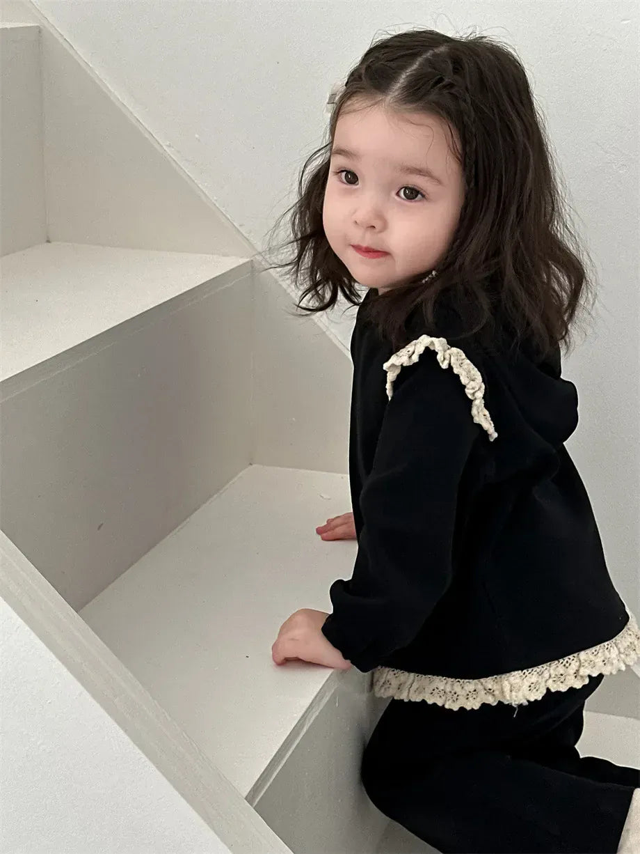 長袖セットアップ ベビーセットアップ 2点セット ショルダー裾レースフリル長袖チュニックTシャツ+フレアロングパンツ【mh0008342】