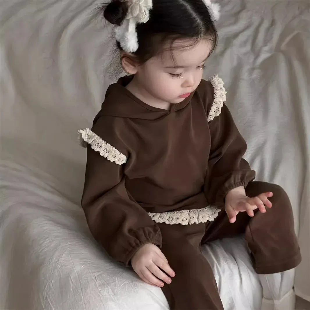 長袖セットアップ ベビーセットアップ 2点セット ショルダー裾レースフリル長袖チュニックTシャツ+フレアロングパンツ【mh0008342】