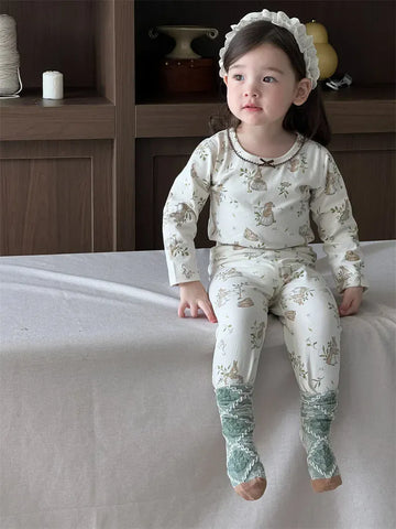 長袖パジャマ ベビーキッズセットアップ 2点セット 長袖パジャマセット プリント長袖Tシャツ+ロングパンツ【mh0008527】