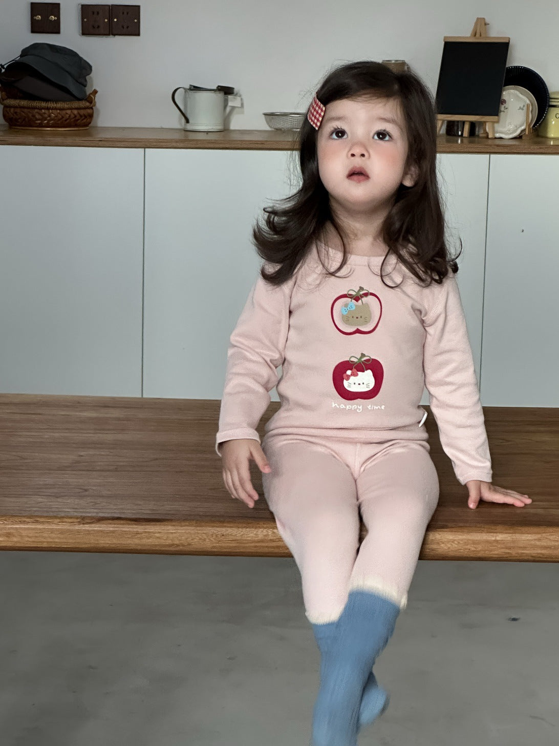 長袖セットアップ Apple Cat / 73cm 長袖パジャマセット Tシャツ+ロングパンツ プリント柄【mh0011934】