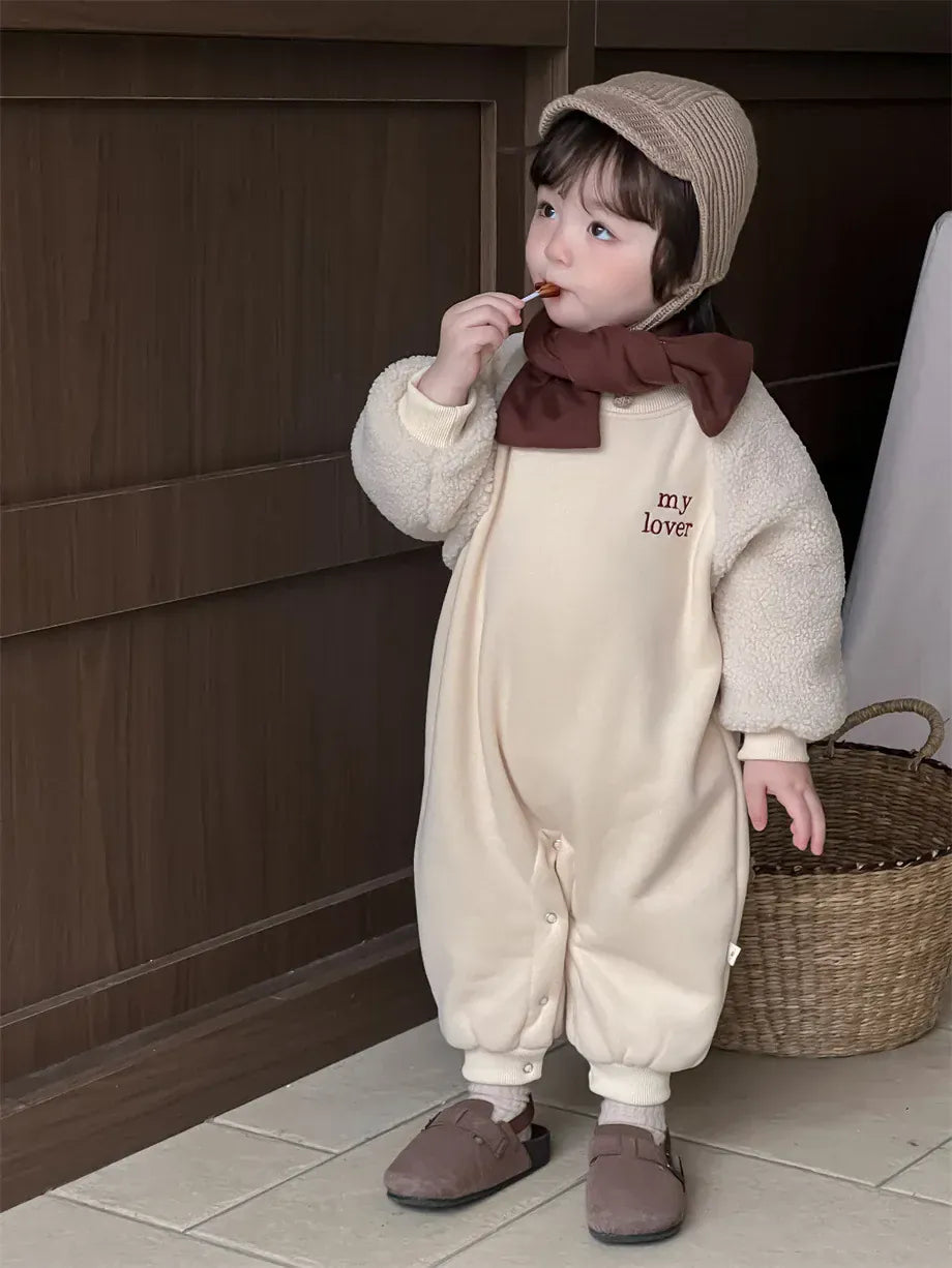 長袖ジャンプスーツ Apricot / 6M  66CM ベビージャンプスーツ ラグランパッチワークスウェット裏フリース長袖ボディスーツ【mh0008201】