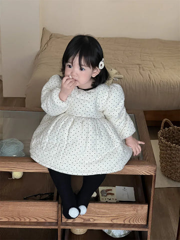 長袖ワンピース Apricot / 6M  66CM ベビーワンピース リボンプリントキルティングパデッド長袖パフスリーブアウターワンピース【mh0008421】