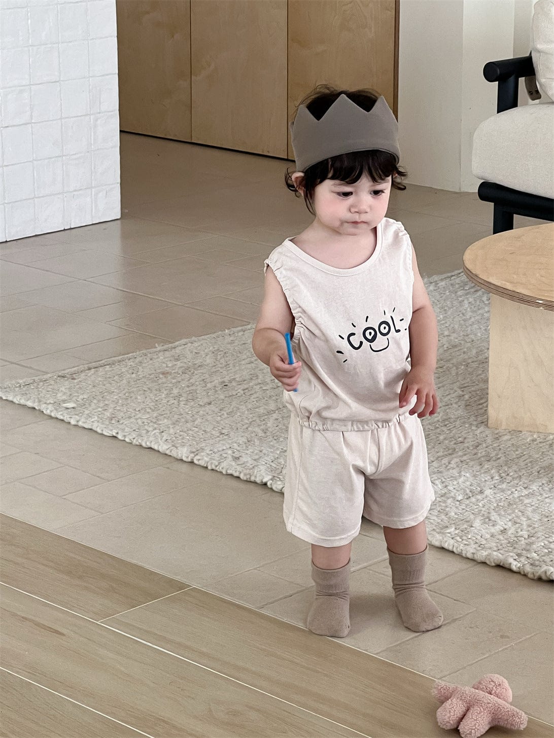 ノースリーブセットアップ Apricot / 73cm ロゴプリントタンクトップ+ショートパンツ【mh0009926】