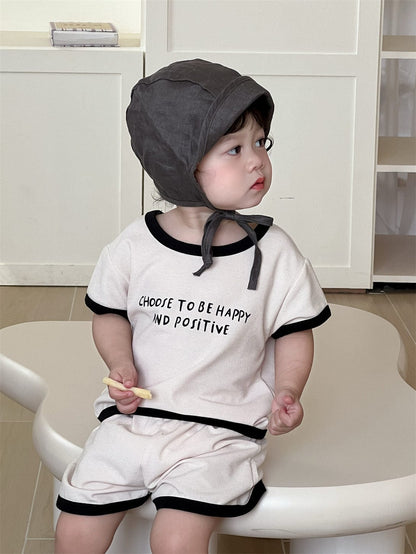 半袖セットアップ Apricot / 73cm レターロゴプリント半袖Tシャツ+ショートパンツセットアップ 2点セット【mh0009923】