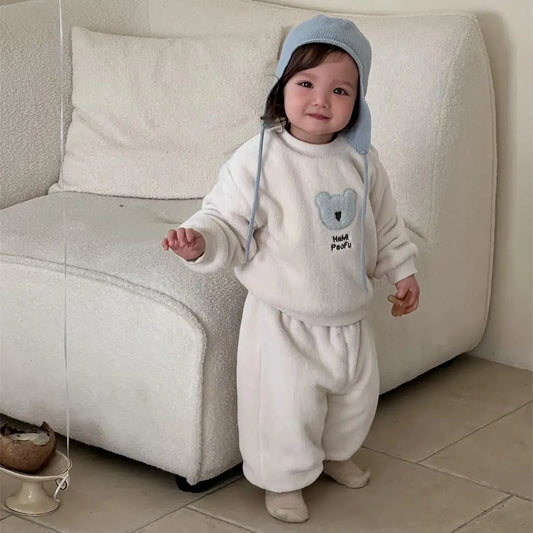 長袖セットアップ Apricot / 9M  73CM ベビーセットアップ 2点セット ベアくまアップリケボアフリース長袖プルオーバー+ロングパンツ【mh0007815】
