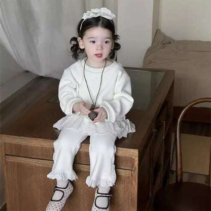 長袖セットアップ Apricot / 9M  73CM ベビーキッズセットアップ 2点セット レースペプラム裏フリース長袖スウェットシャツ+裾レースロングパンツ【mh0008372】