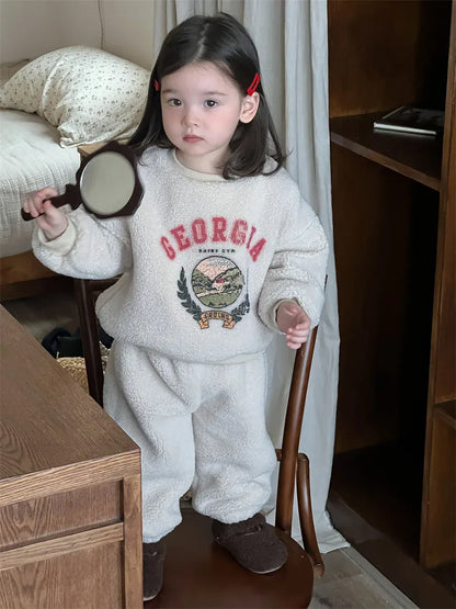 長袖セットアップ Apricot / 9M  73CM ベビーキッズセットアップ 2点セット ロゴプリントボアフリース長袖スウェットシャツ+ロングパンツ【mh0008435】