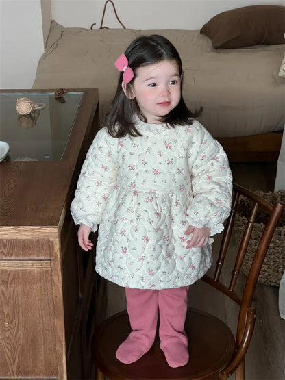 長袖ワンピース Apricot / 9M  73CM ベビーキッズワンピース フラワープリントキルティング長袖アウターワンピース【mh0008417】
