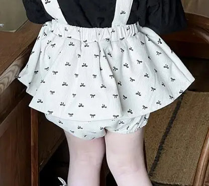 長袖セットアップ apricot shorts / 9M  73CM ベビートップス/パンツ プリント長袖パフスリーブブラウス/サスペンダーフリルスカートブルマパンツ【mh0008721】