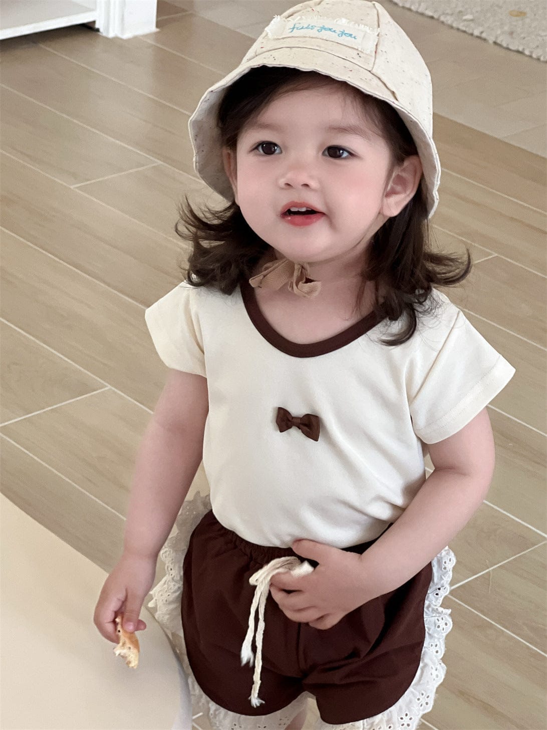 半袖セットアップ Apricot T-shirt / 73cm リボン/フラワープリント半袖Tシャツ/サイドレースショートパンツ【mh0009903】