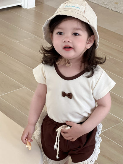 半袖セットアップ Apricot T-shirt / 73cm リボン/フラワープリント半袖Tシャツ/サイドレースショートパンツ【mh0009903】