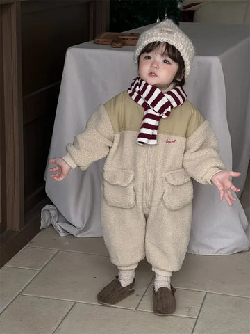 アウタージャンプスーツ Beige Apricot / 6M  66CM ベビーアウタージャンプスーツ ボアフリースパッチワークジップアップロンパース【mh0007971】