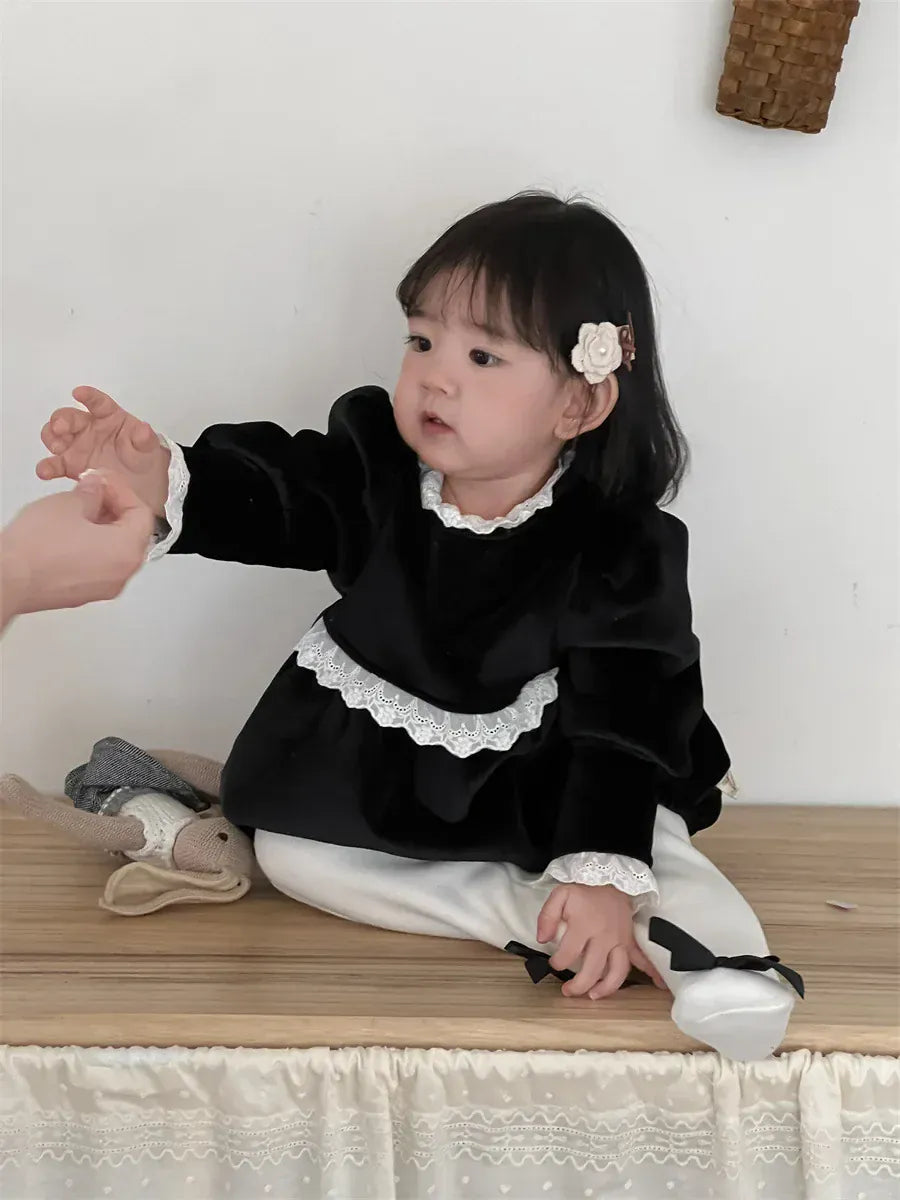 長袖ロンパース Black / 6M  66CM ベビーロンパース レースフリルフリース長袖ボディスーツ【mh-0008432】