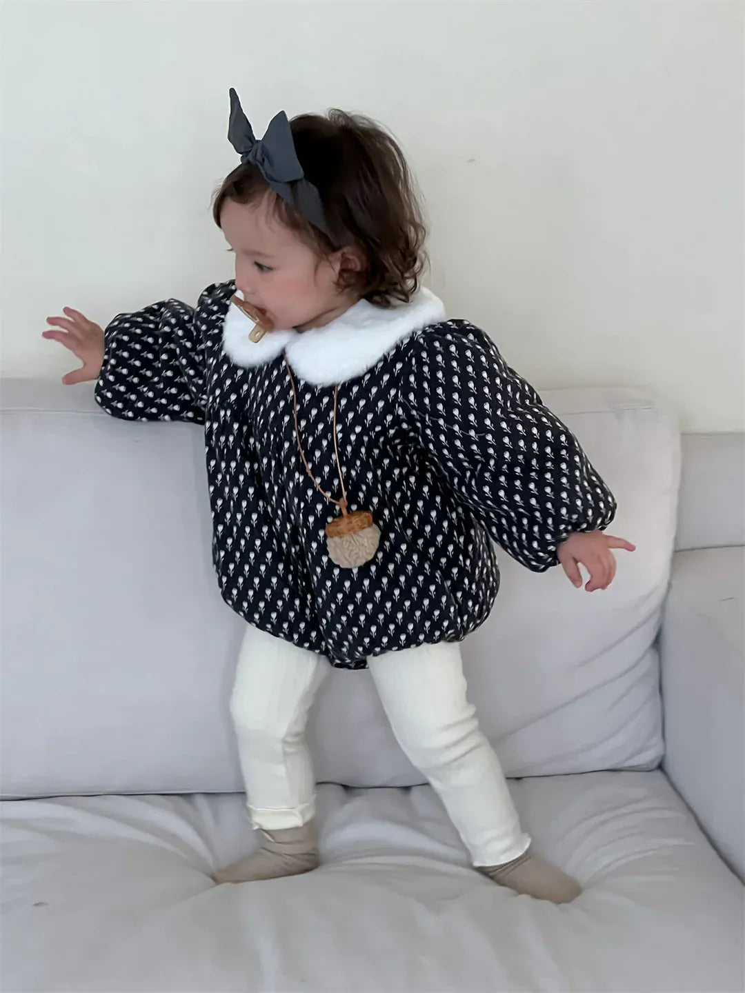 長袖ロンパース Black / 6M  66CM ベビーロンパース フラワープリントファーフリース襟パデッド厚手防寒長袖ボディスーツ【mh0007834】