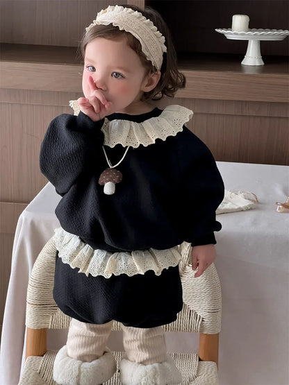 長袖セットアップ Black / 73cm ベビーセットアップ 2点セット 裏フリースレースラッフル襟長袖プルオーバー+バルーンショートパンツ【mh0007829】