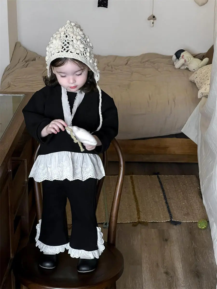 長袖セットアップ Black / 9M  73CM ベビーキッズセットアップ 2点セット レースペプラム裏フリース長袖スウェットシャツ+裾レースロングパンツ【mh0008372】