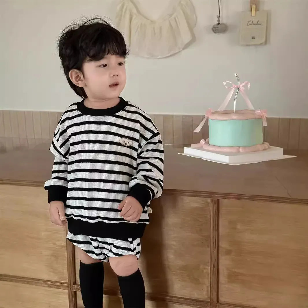 長袖セットアップ Black / 9M  73CM ベビーセットアップ 2点セット ボーダー長袖Tシャツ+ショートパンツ【mh0008308】