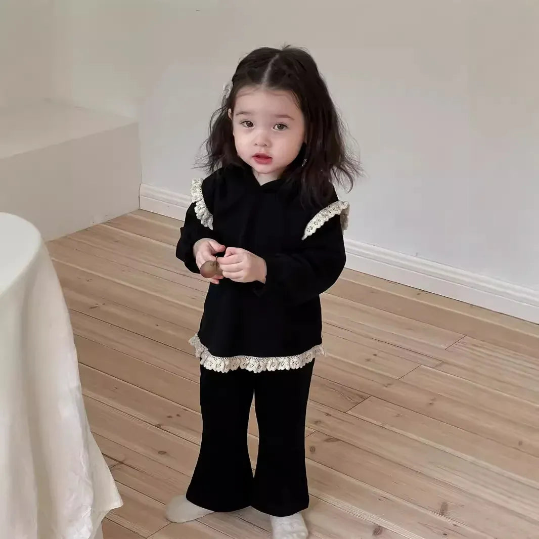 長袖セットアップ Black / 9M  73CM ベビーセットアップ 2点セット ショルダー裾レースフリル長袖チュニックTシャツ+フレアロングパンツ【mh0008342】