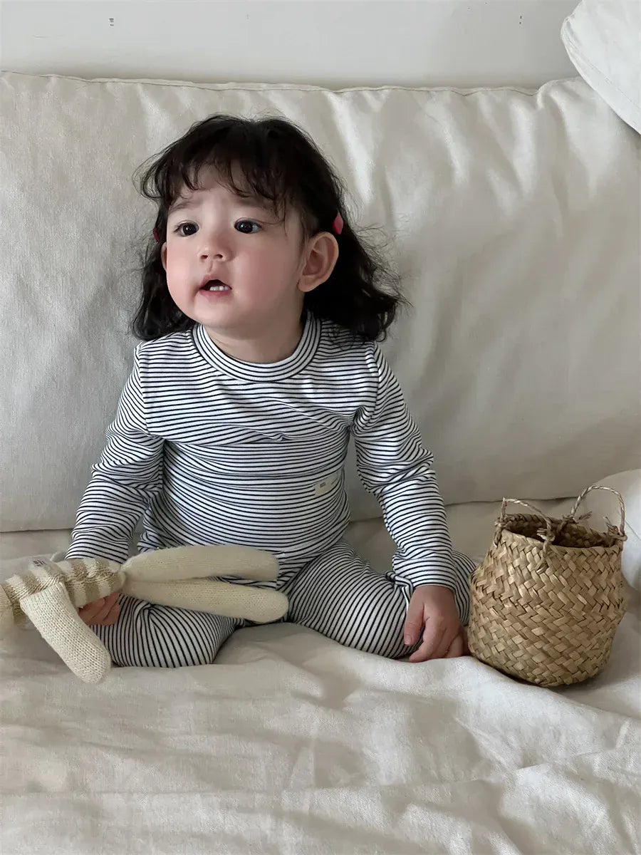 長袖パジャマ Black / 9M  73CM ベビーセットアップ 2点セット 長袖パジャマセット 天使の羽根ボーダー長袖Tシャツ+ハイウェストロングパンツ【mh0008425】