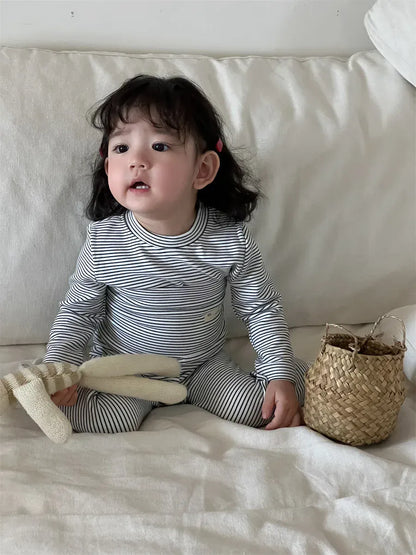 長袖パジャマ Black / 9M  73CM ベビーセットアップ 2点セット 長袖パジャマセット 天使の羽根ボーダー長袖Tシャツ+ハイウェストロングパンツ【mh0008425】