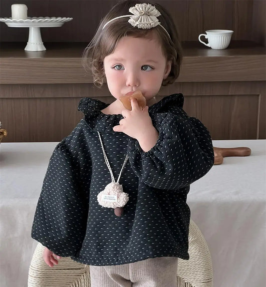長袖シャツ・ブラウス Black / 9M  73CM ベビートップス 水玉ドットプリントラッフルサークル襟裏フリース長袖パフスリーブチュニックブラウス【mh0007816】