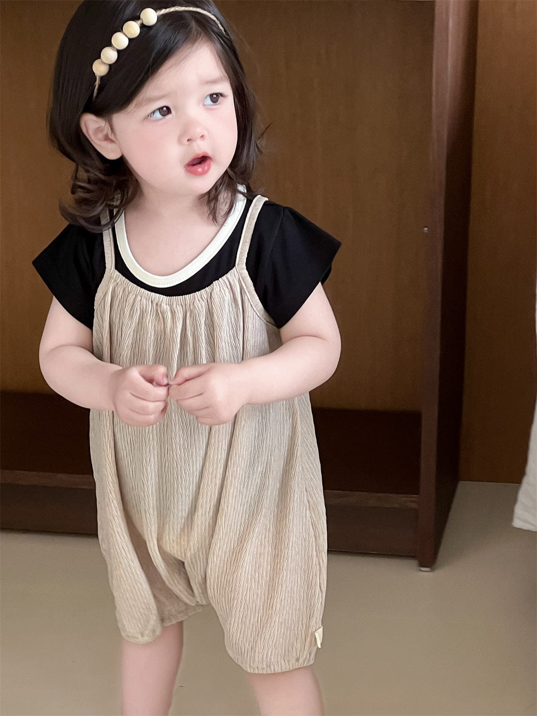 半袖セットアップ Black T-shirt / 73cm バイピング半袖Tシャツ/シンプルキャミソールジャンプスーツ【mh0009919】