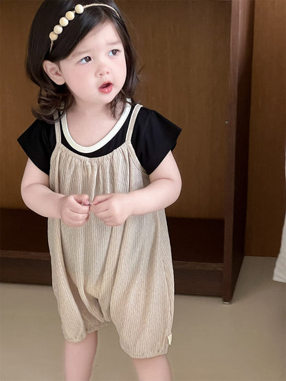 半袖セットアップ Black T-shirt / 73cm バイピング半袖Tシャツ/シンプルキャミソールジャンプスーツ【mh0009919】