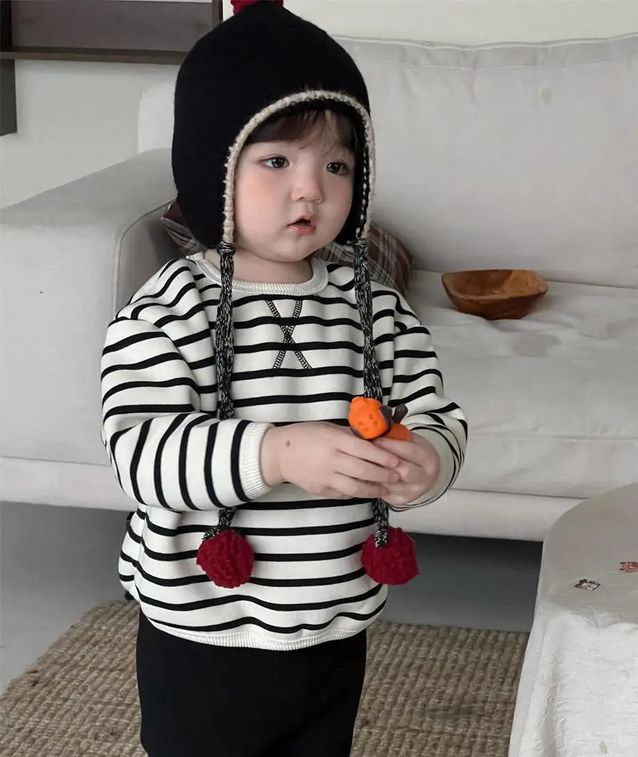 長袖セットアップ black tops / 9M  73CM ベビートップス/パンツ ボーダー裏フリース長袖スウェットシャツ/シンプルレギンスパンツ【mh0007974】