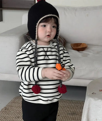 長袖セットアップ black tops / 9M  73CM ベビートップス/パンツ ボーダー裏フリース長袖スウェットシャツ/シンプルレギンスパンツ【mh0007974】