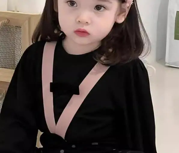 長袖セットアップ black tops / 9M  73CM ベビートップス/パンツ 長袖パフスリーブTシャツ/サスペンダーロングレギンスパンツ【mh0008344】